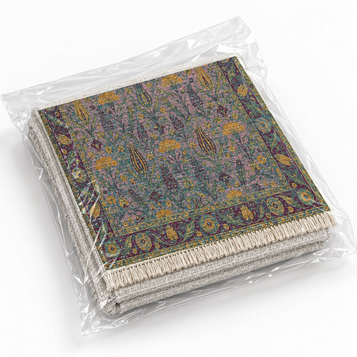 Tulip Procession Burgundy & Teal washable rug rolled and packaged