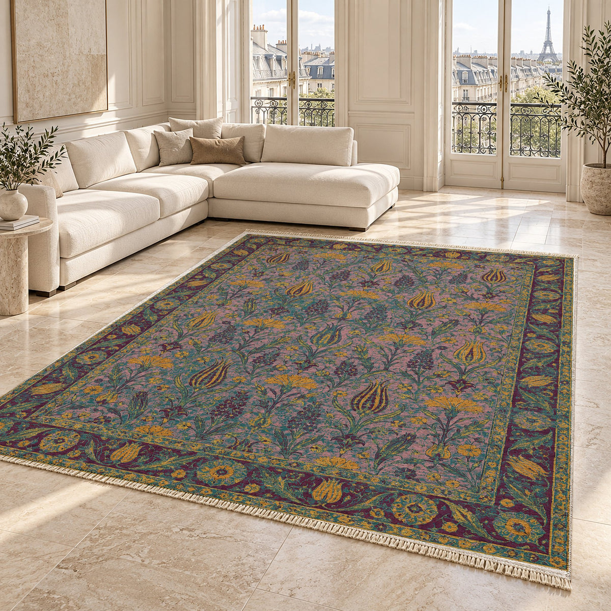 Tulip Procession Burgundy & Teal washable rug angled room view on marble
