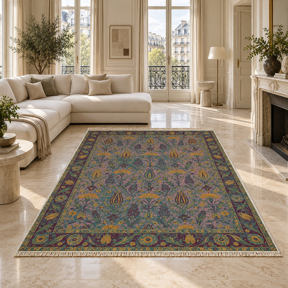 Tulip Procession Burgundy & Teal washable rug on a marble floor