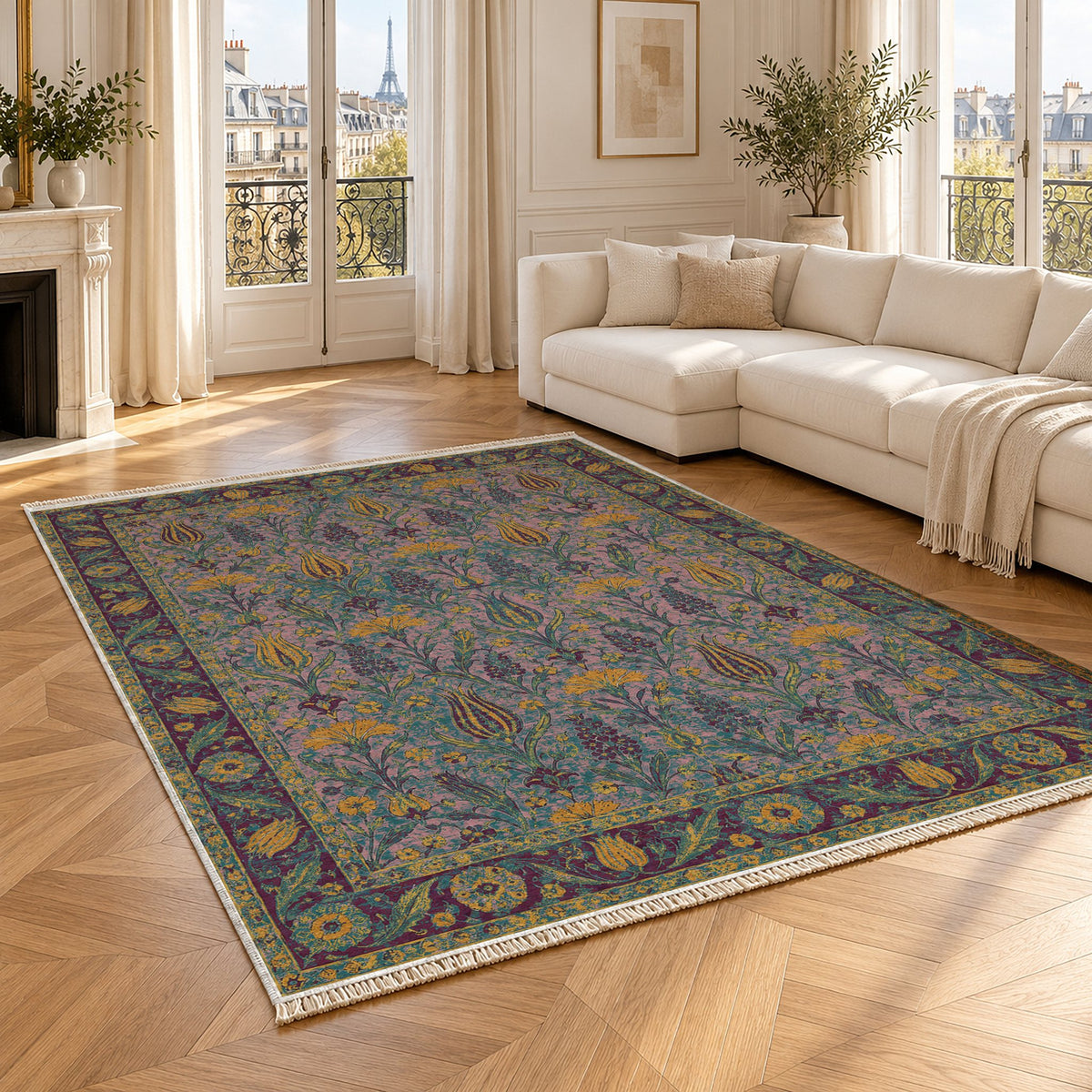 Tulip Procession Burgundy & Teal washable rug angled room view