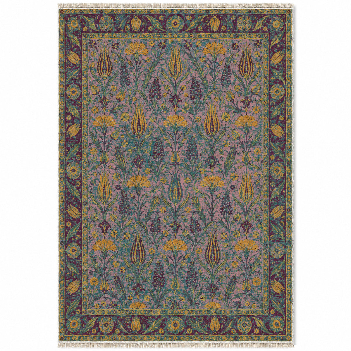 Tulip Procession Burgundy & Teal washable rug top view