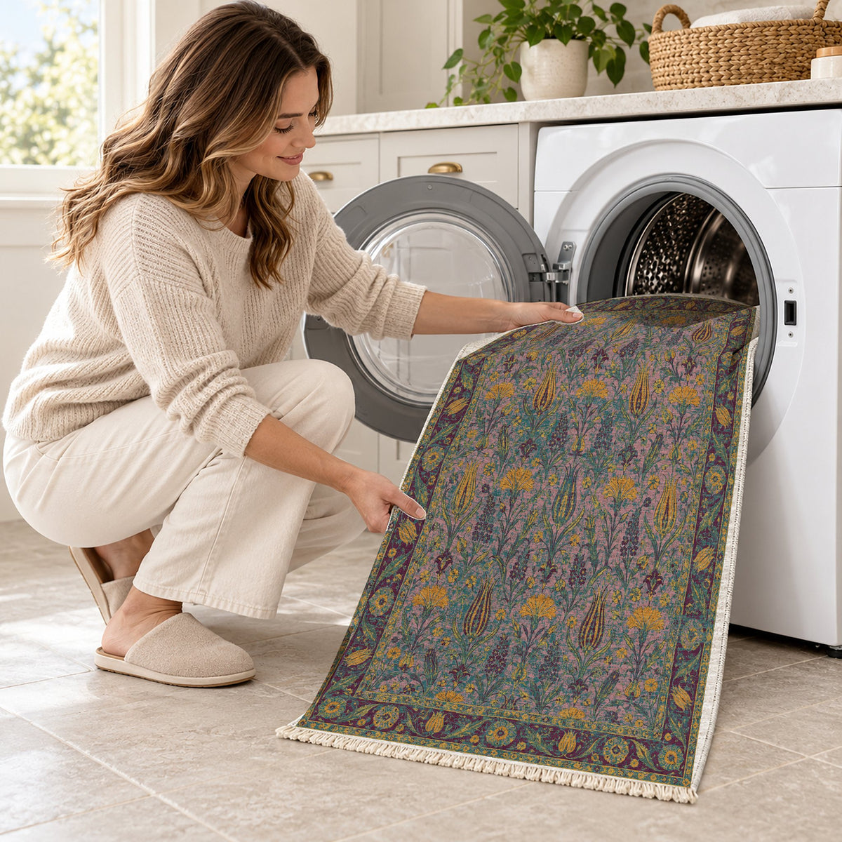 Tulip Procession Burgundy & Teal washable rug being loaded into a washing machine