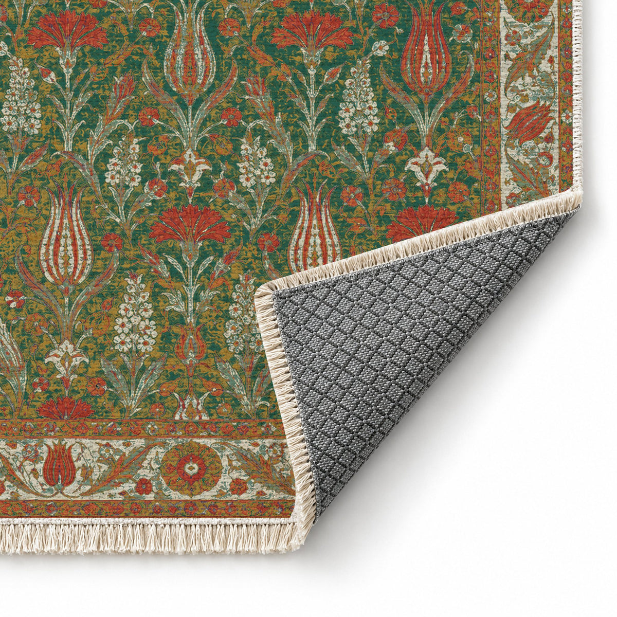Tulip Procession Emerald & Terracotta washable rug folded corner showing the backing