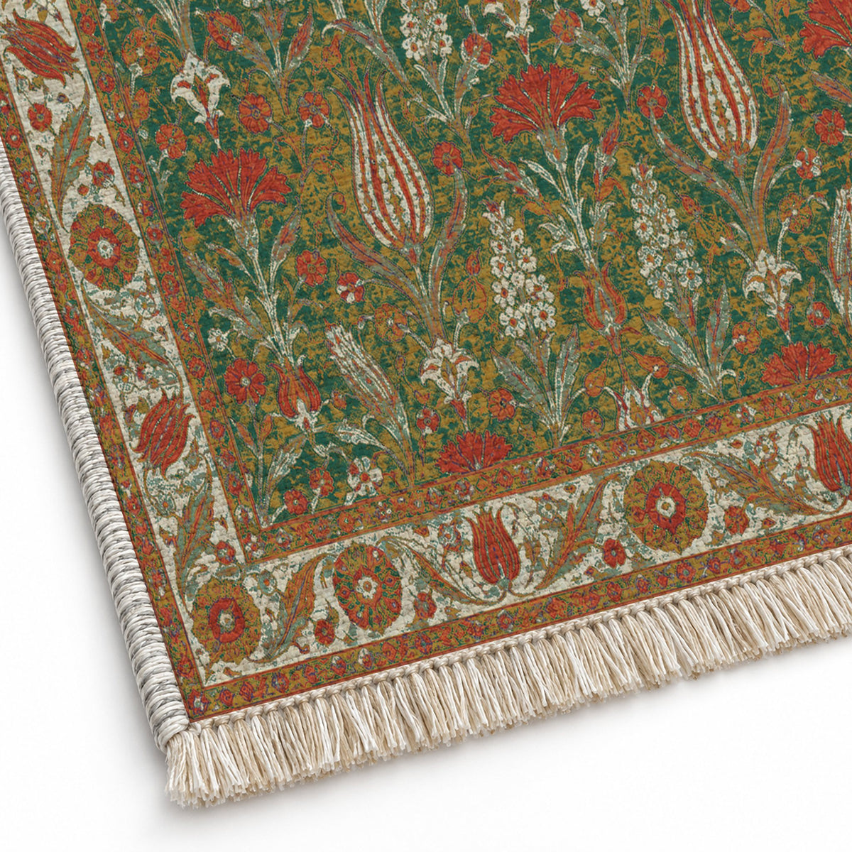 Tulip Procession Emerald & Terracotta washable rug close-up of the printed chenille