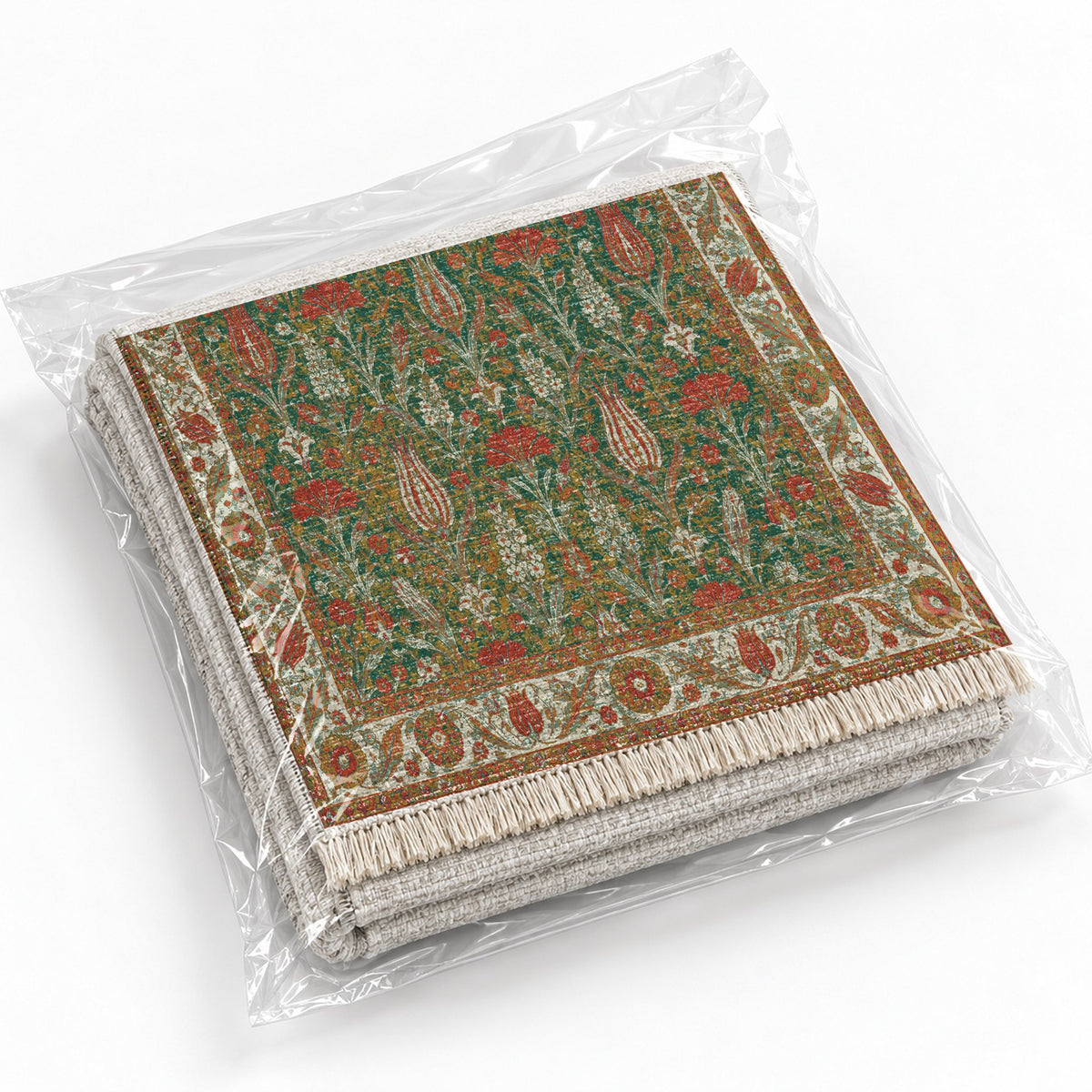 Tulip Procession Emerald & Terracotta washable rug rolled and packaged