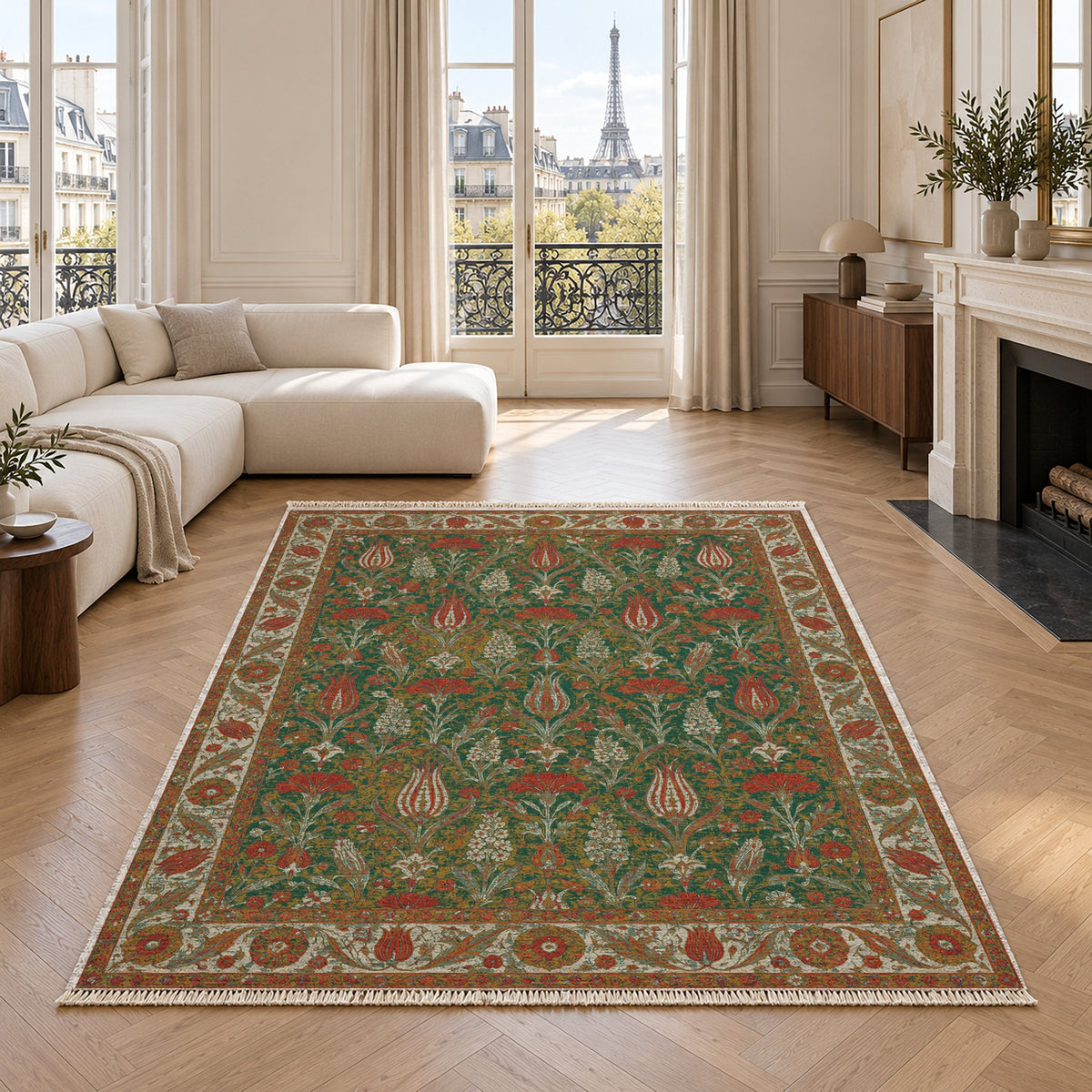 Tulip Procession Emerald & Terracotta washable rug in a living room with an Eiffel Tower view