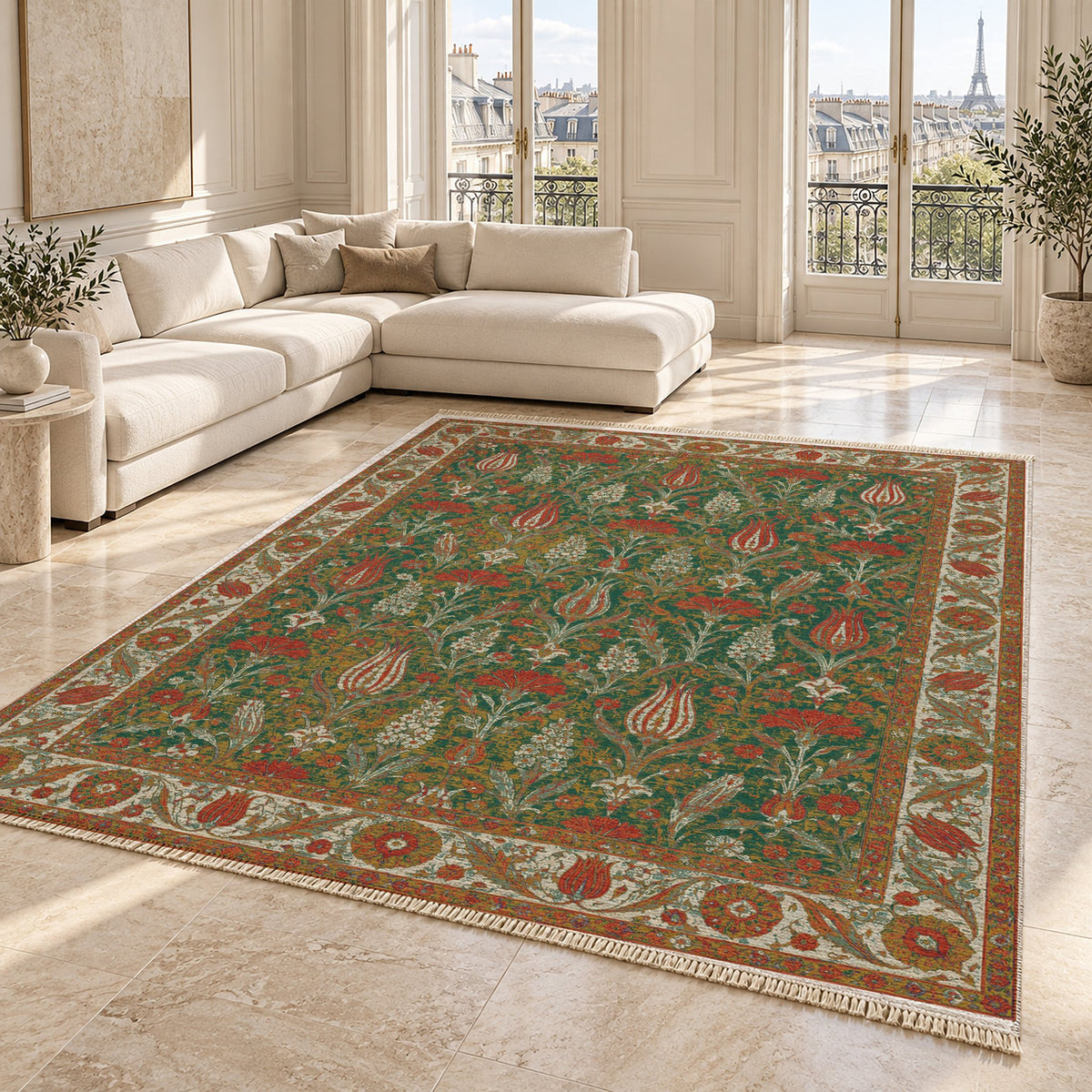 Tulip Procession Emerald & Terracotta washable rug angled room view on marble