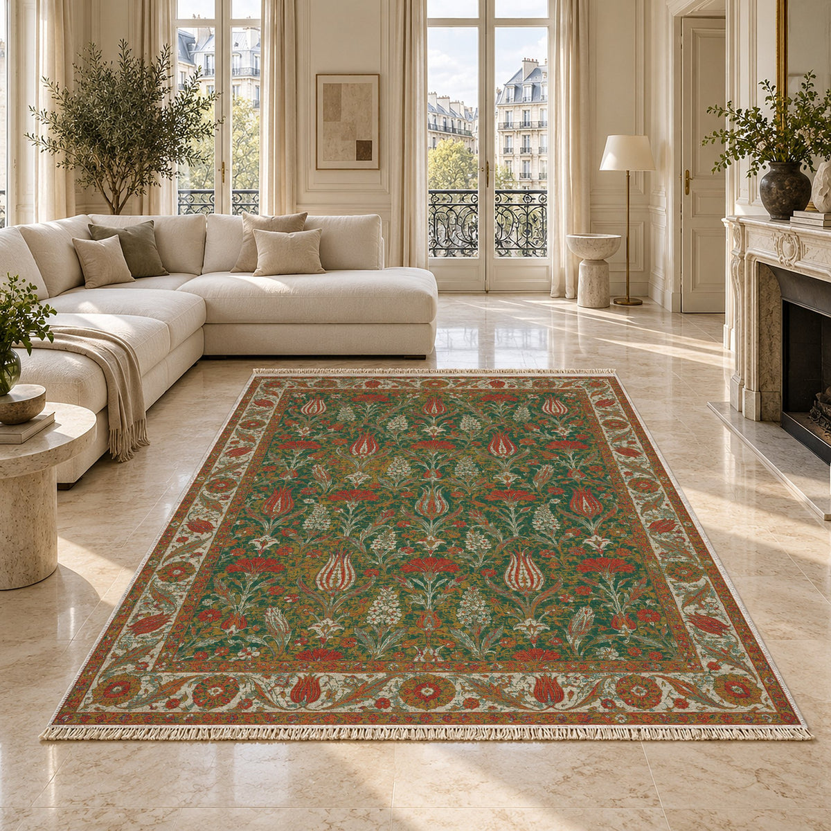 Tulip Procession Emerald & Terracotta washable rug on a marble floor