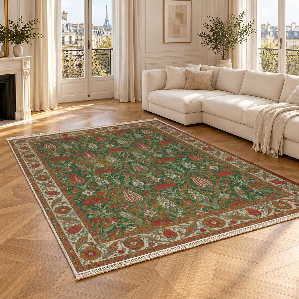 Tulip Procession Emerald & Terracotta washable rug angled room view