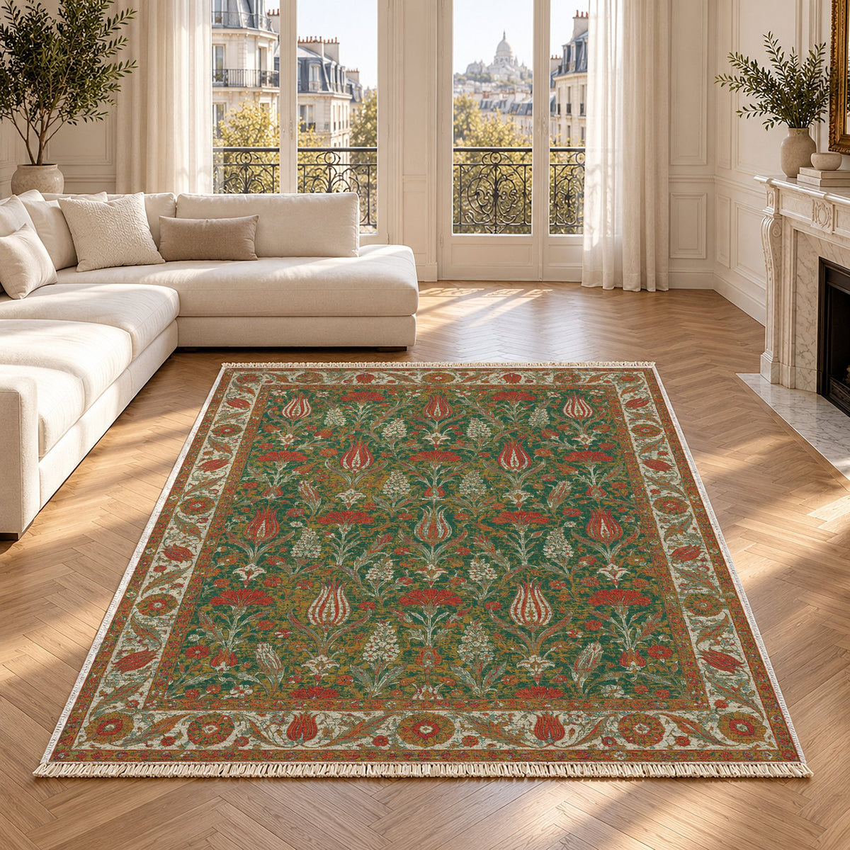 Tulip Procession Emerald & Terracotta washable rug in a Paris living room