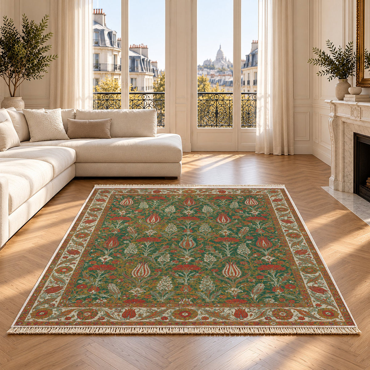 Tulip Procession Emerald & Terracotta washable rug on an oak floor