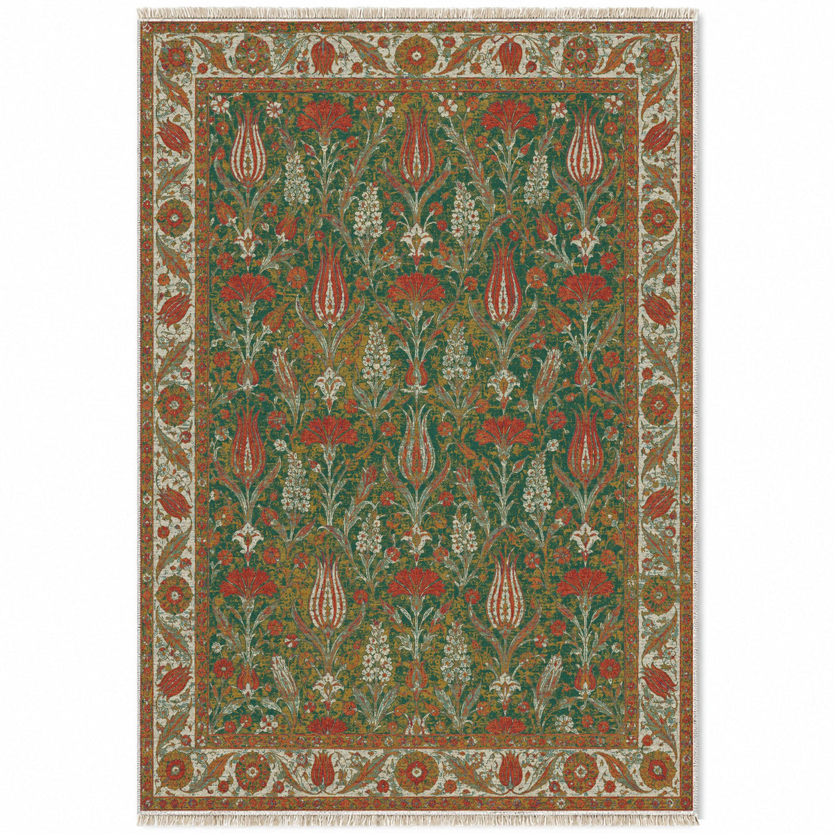 Tulip Procession Emerald & Terracotta washable rug top view