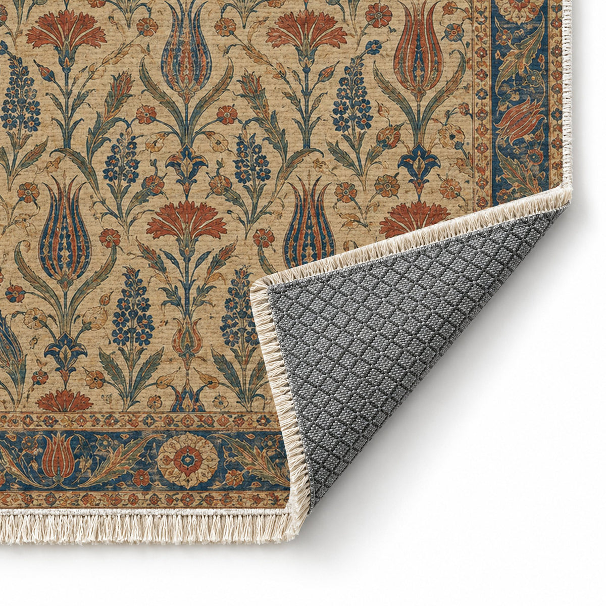 Tulip Procession Indigo & Rust washable rug folded corner showing the backing