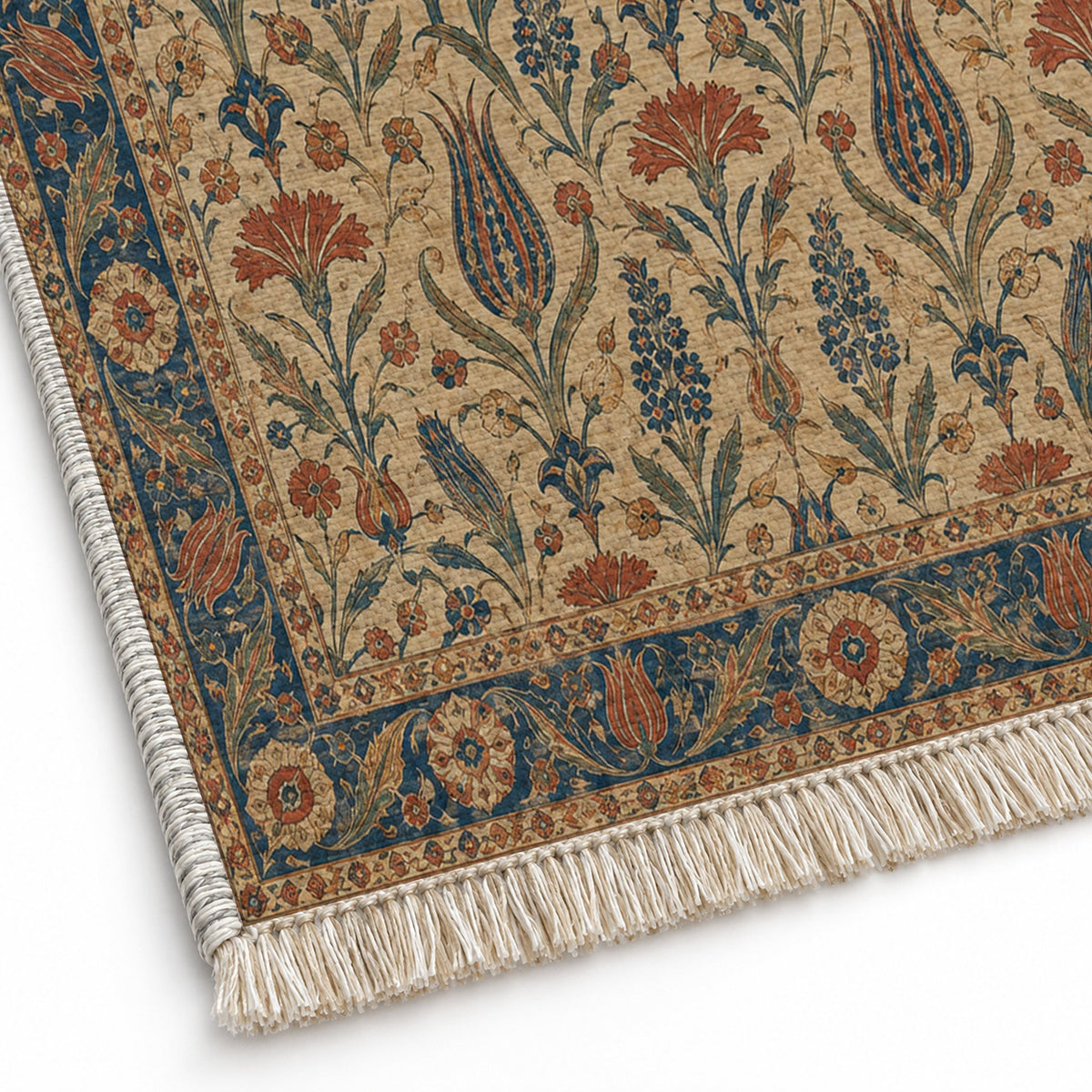 Tulip Procession Indigo & Rust washable rug close-up of the printed chenille