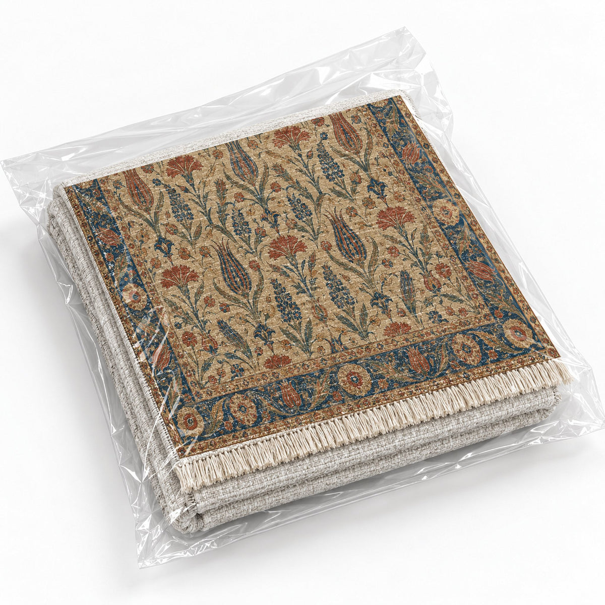 Tulip Procession Indigo & Rust washable rug rolled and packaged