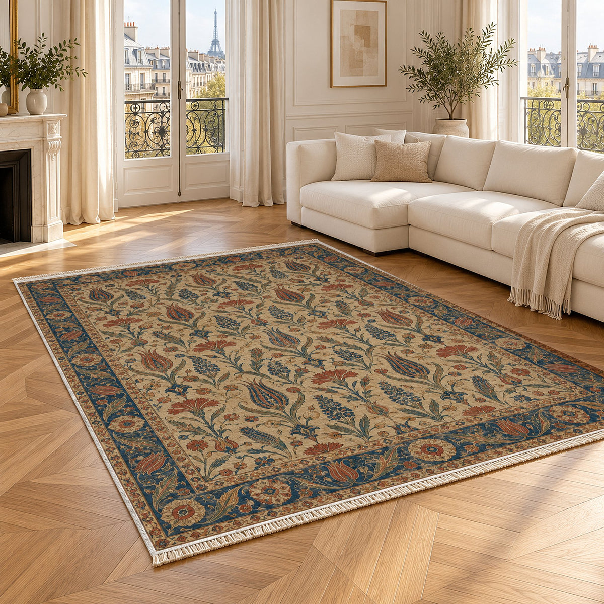 Tulip Procession Indigo & Rust washable rug angled room view