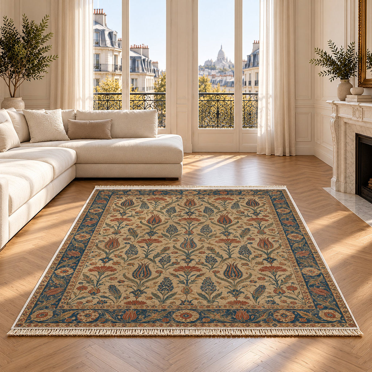 Tulip Procession Indigo & Rust washable rug on an oak floor