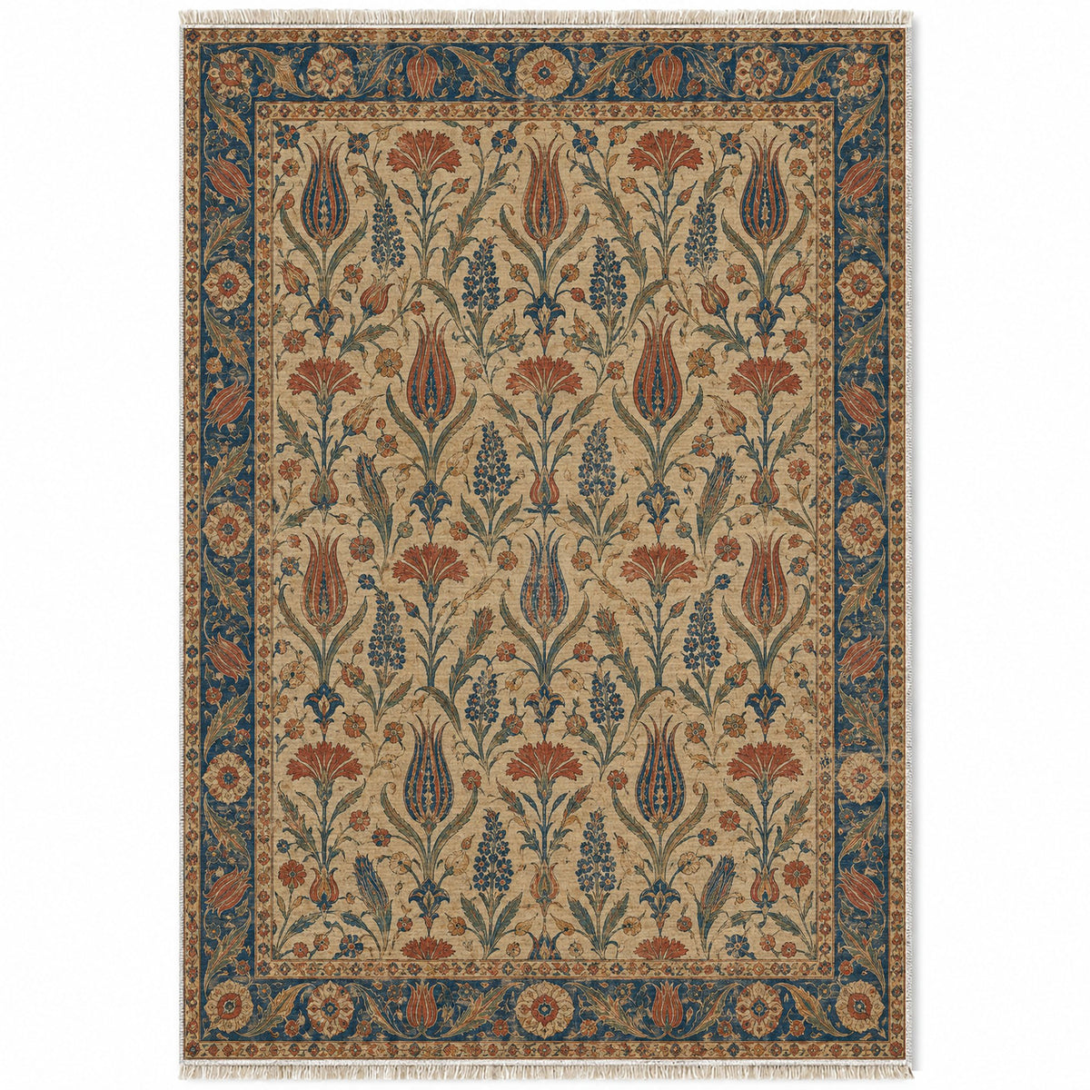 Tulip Procession Indigo & Rust washable rug top view