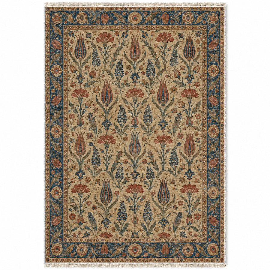 Tulip Procession Indigo & Rust Ottoman Washable Rug
