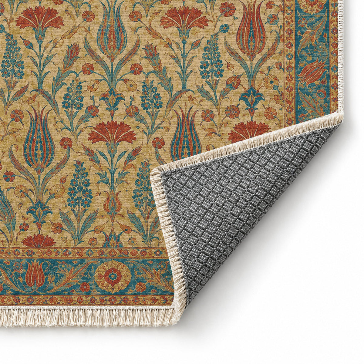 Tulip Procession Peacock & Ochre washable rug folded corner showing the backing