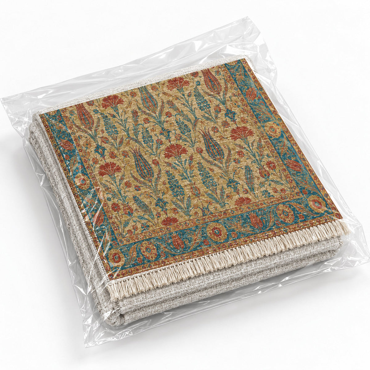 Tulip Procession Peacock & Ochre washable rug rolled and packaged