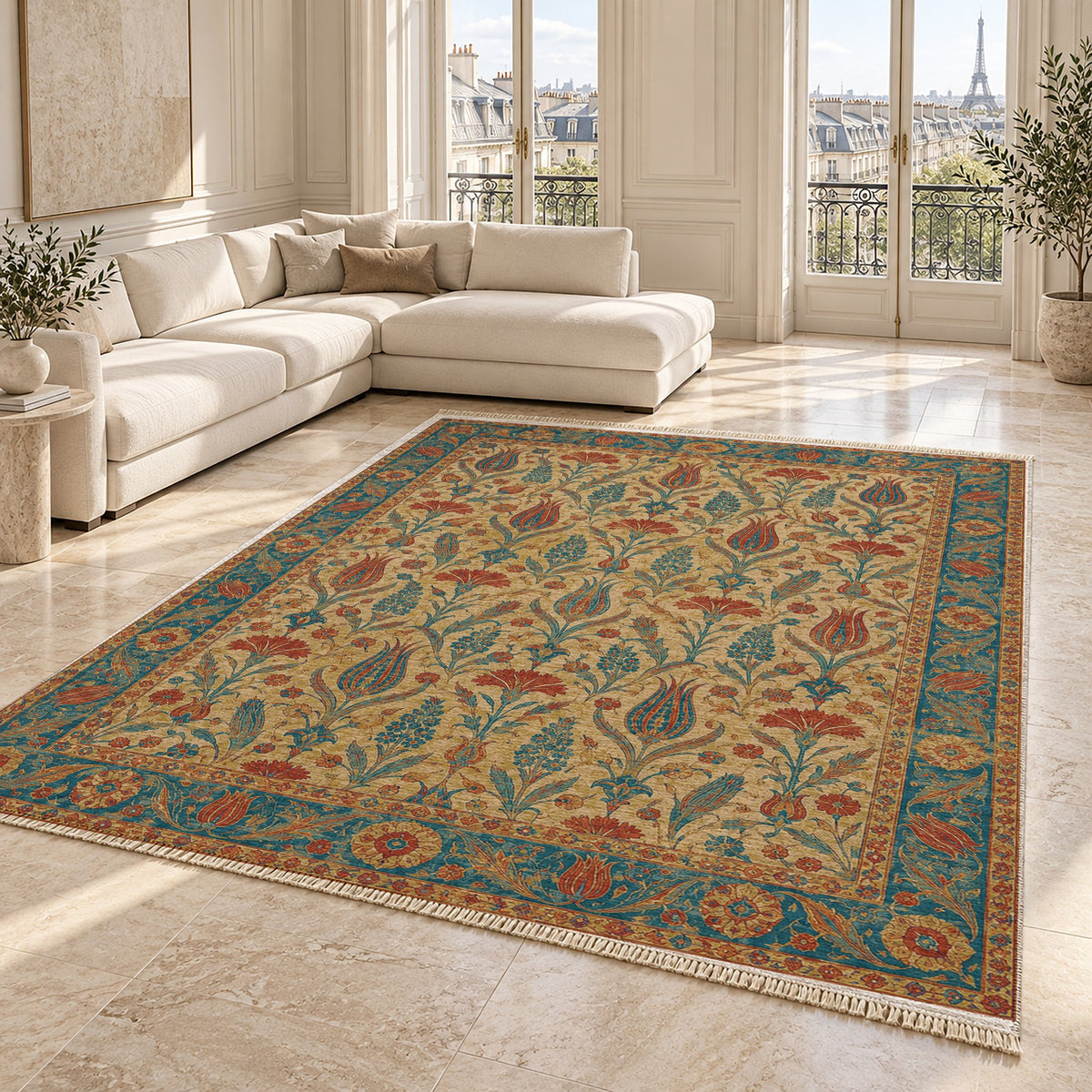 Tulip Procession Peacock & Ochre washable rug angled room view on marble