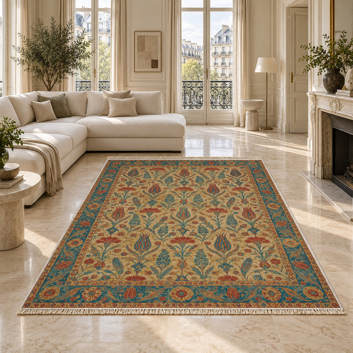 Tulip Procession Peacock & Ochre washable rug on a marble floor