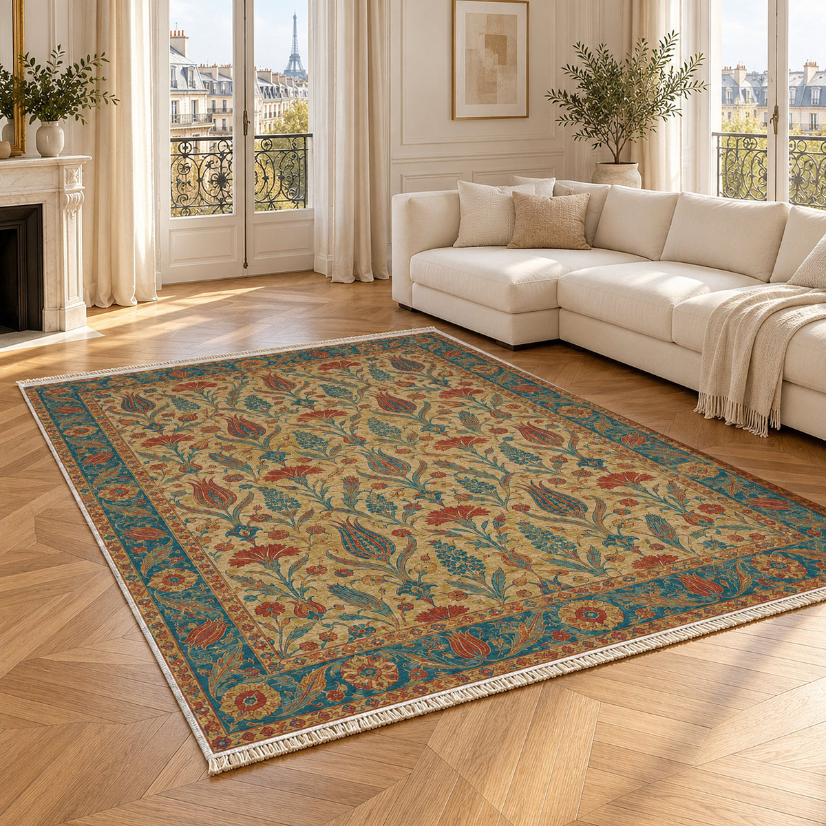 Tulip Procession Peacock & Ochre washable rug angled room view
