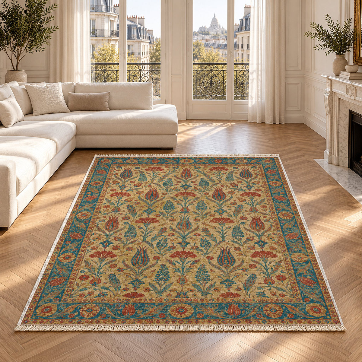 Tulip Procession Peacock & Ochre washable rug in a Paris living room