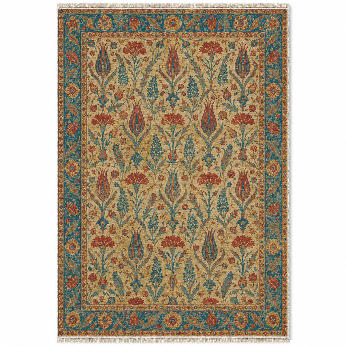 Tulip Procession Peacock & Ochre washable rug top view