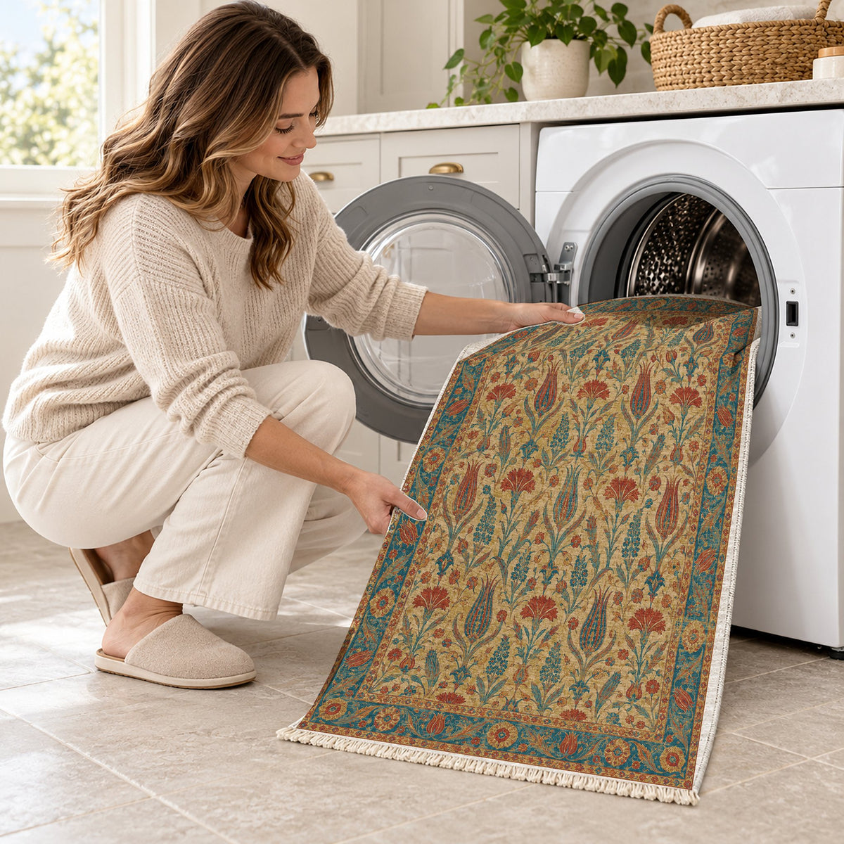 Tulip Procession Peacock & Ochre washable rug being loaded into a washing machine