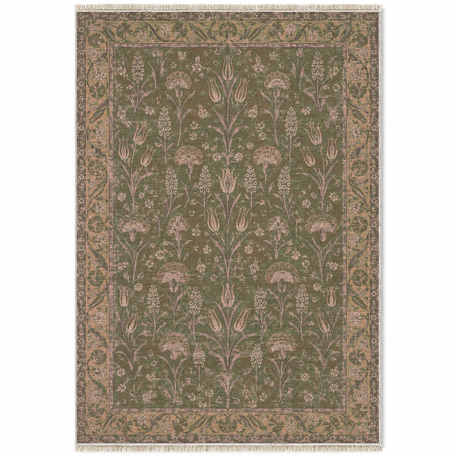 Tulip Procession Rose & Olive Ottoman Washable Rug