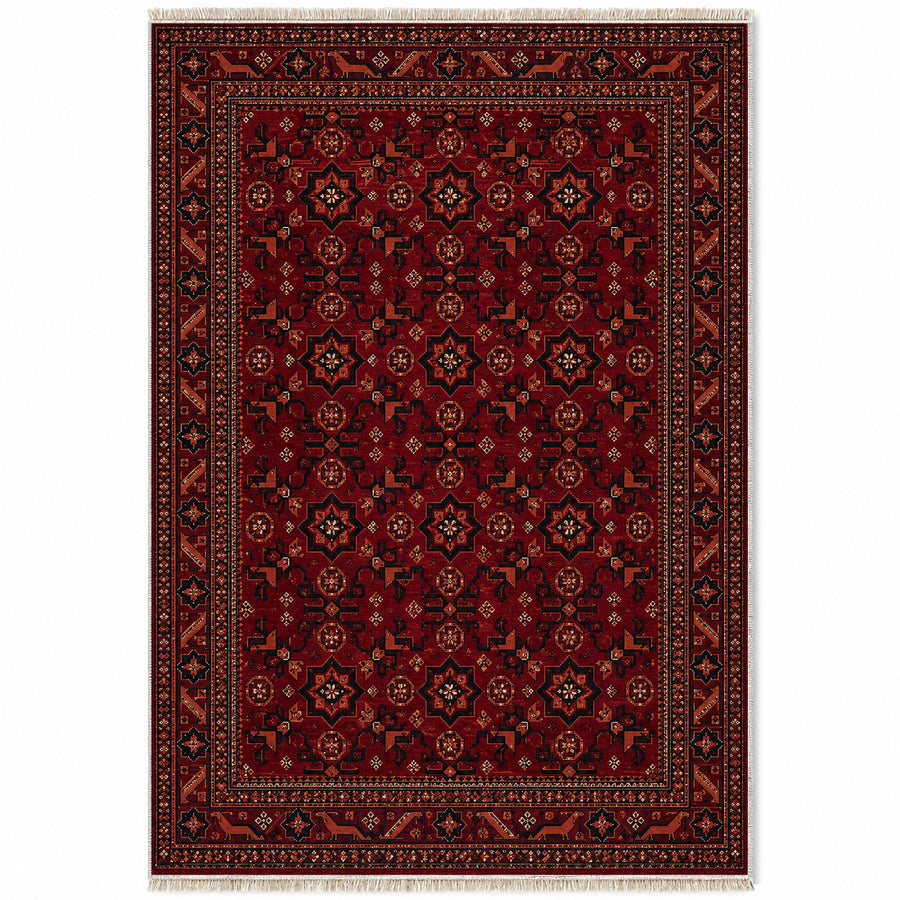 Turkmen Star Burgundy Afghan Washable Rug