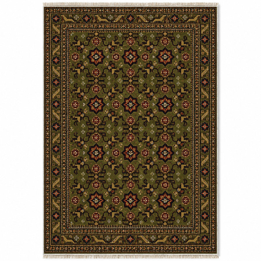 Turkmen Star Olive Green Afghan Washable Rug
