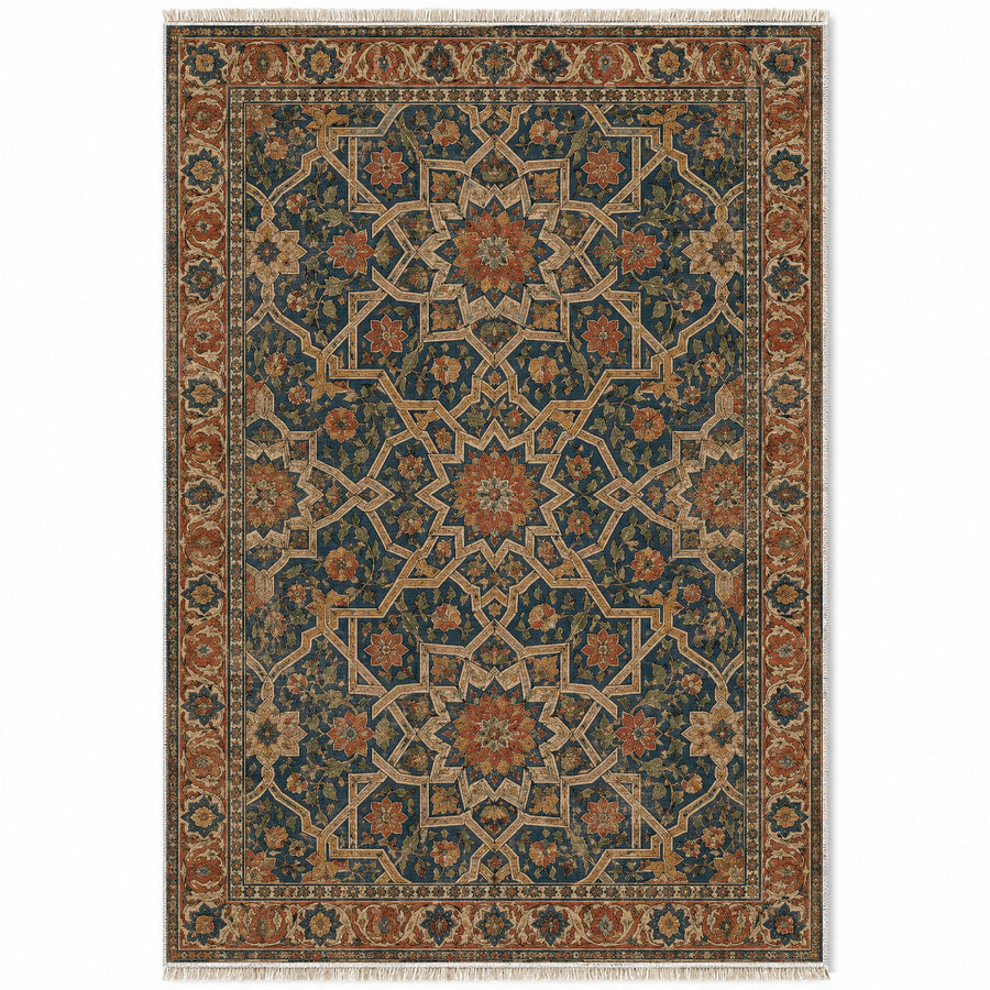 Twelve Point Sky Indigo & Rust Moorish Washable Rug