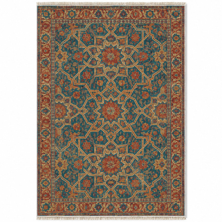 Twelve Point Sky Peacock & Ochre Moorish Washable Rug