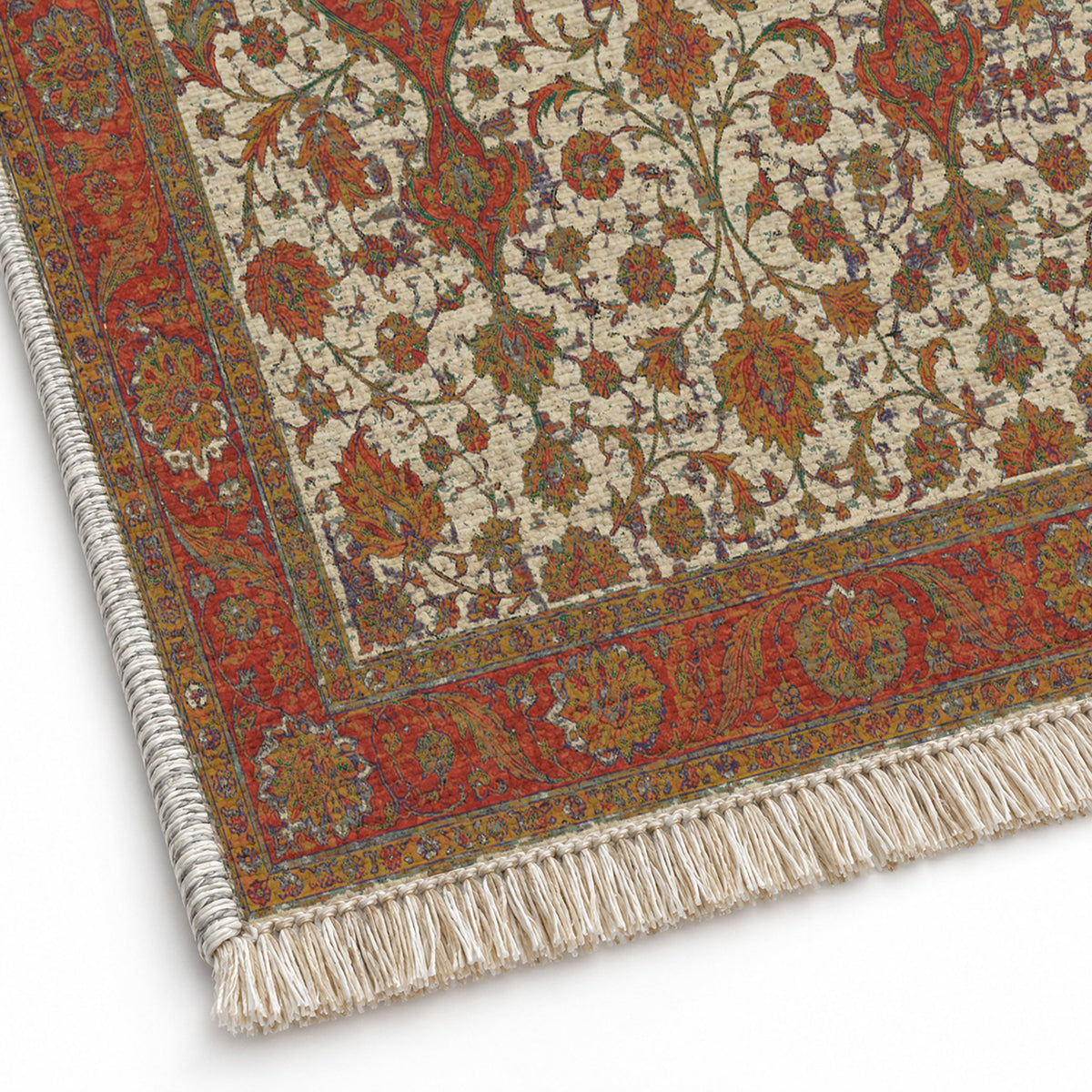 Twin Lanterns Emerald & Terracotta washable rug close-up of the printed chenille