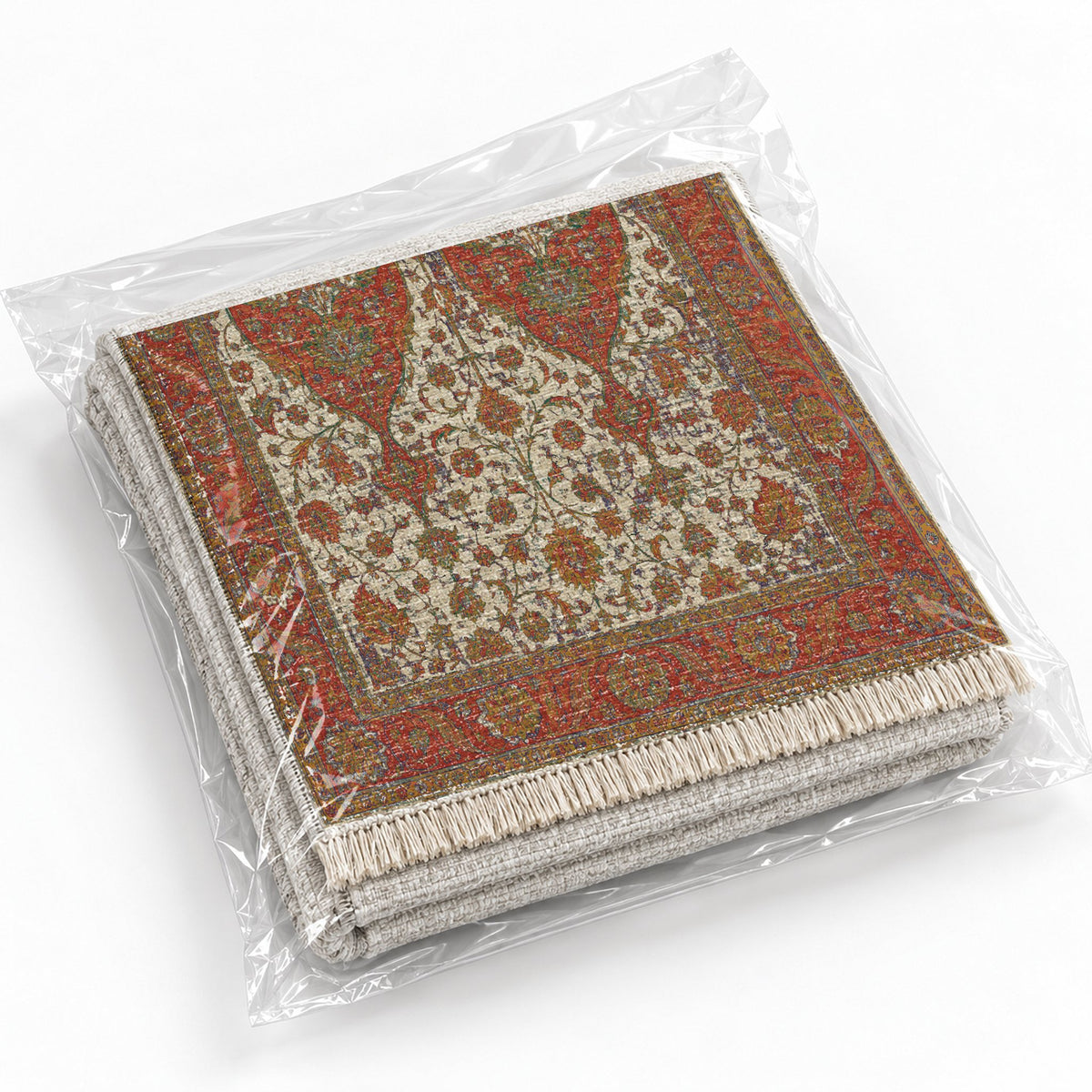 Twin Lanterns Emerald & Terracotta washable rug rolled and packaged