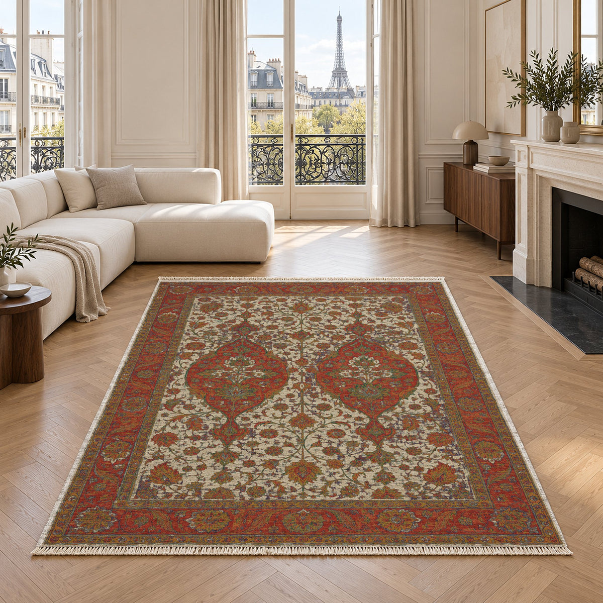 Twin Lanterns Emerald & Terracotta washable rug in a living room with an Eiffel Tower view