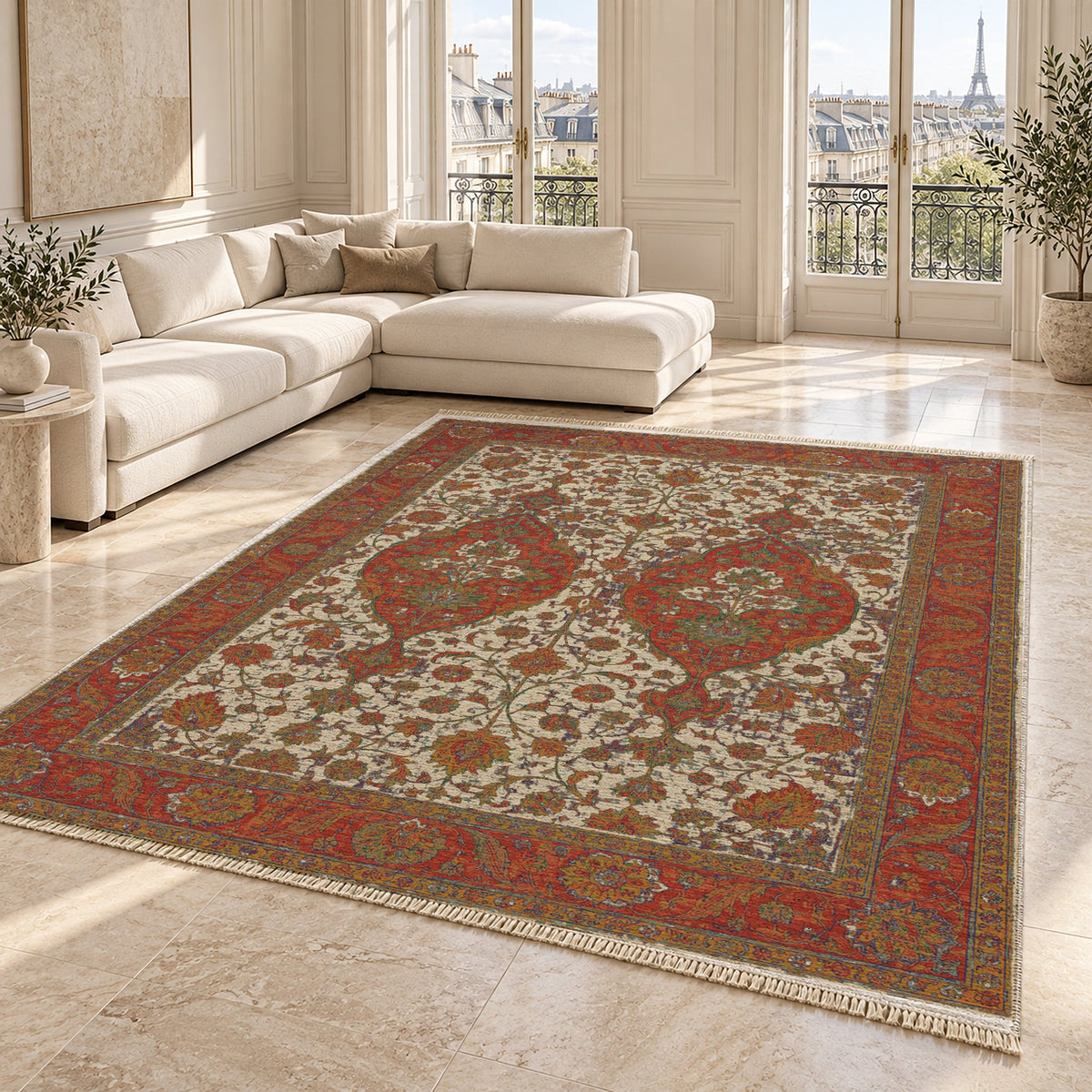 Twin Lanterns Emerald & Terracotta washable rug angled room view on marble