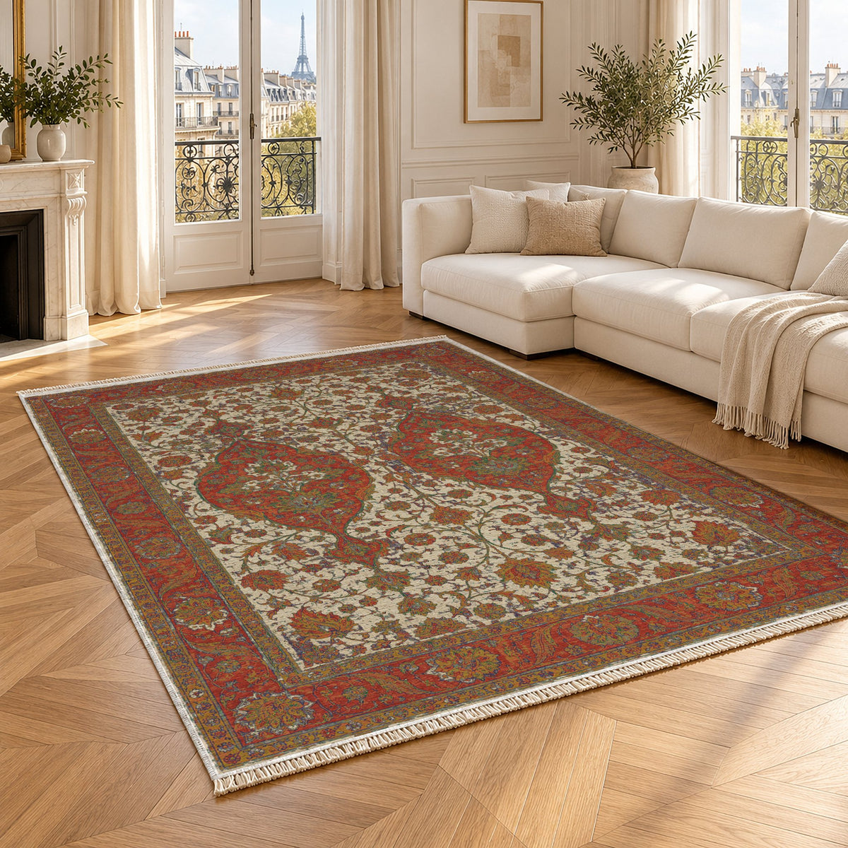 Twin Lanterns Emerald & Terracotta washable rug angled room view