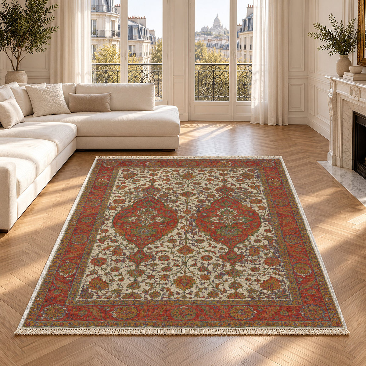 Twin Lanterns Emerald & Terracotta washable rug in a Paris living room