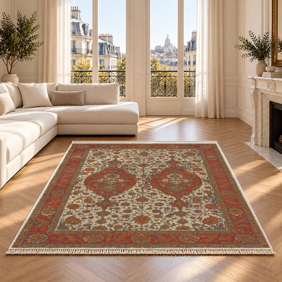Twin Lanterns Emerald & Terracotta washable rug on an oak floor