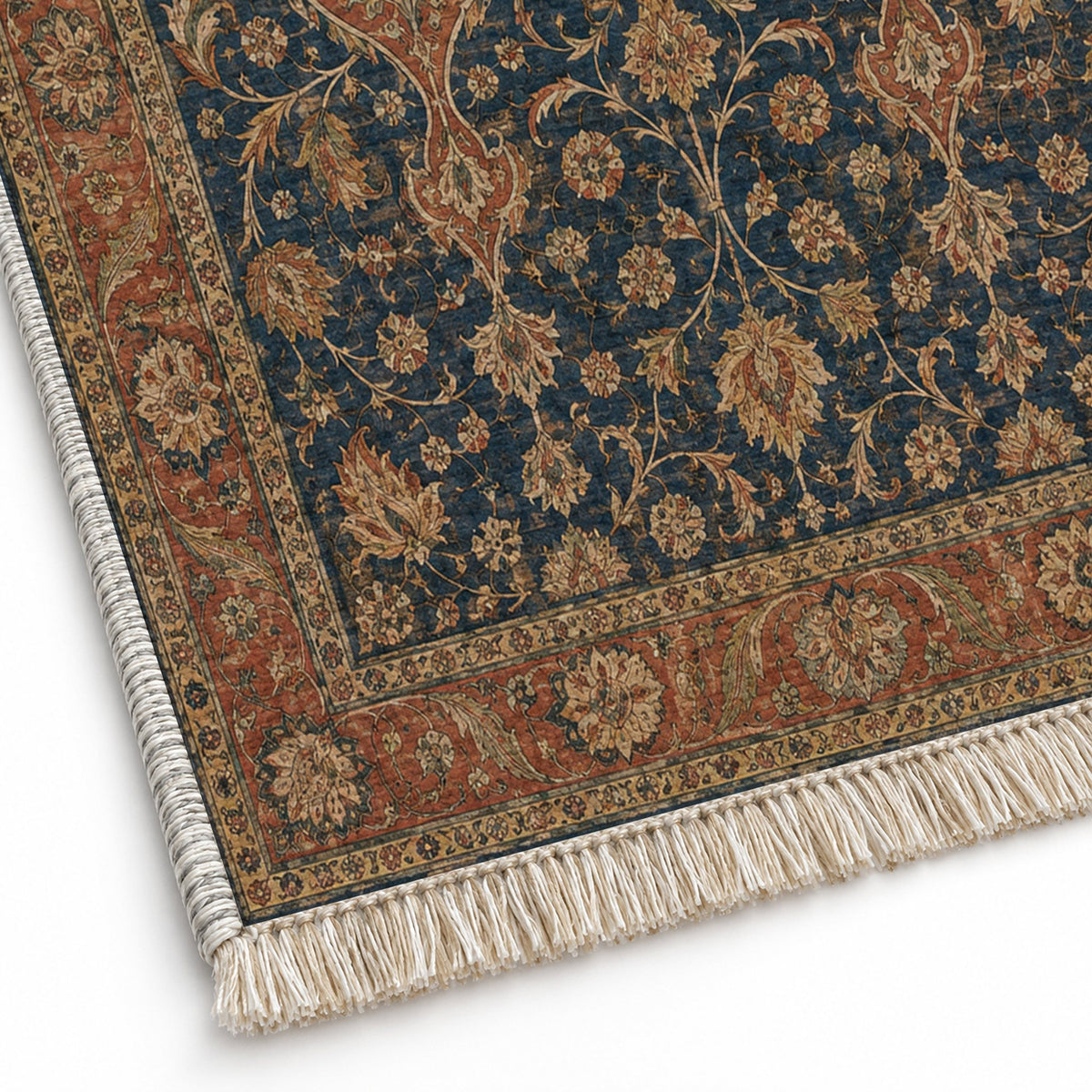 Twin Lanterns Indigo & Rust washable rug close-up of the printed chenille