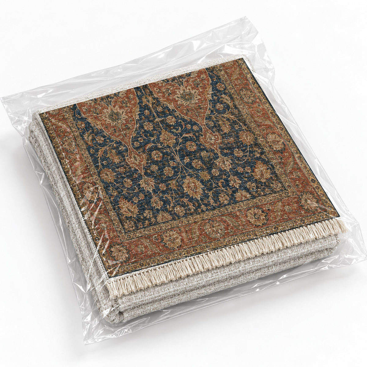 Twin Lanterns Indigo & Rust washable rug rolled and packaged
