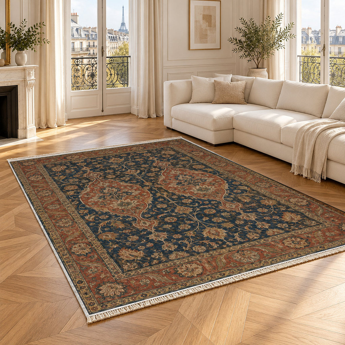 Twin Lanterns Indigo & Rust washable rug angled room view