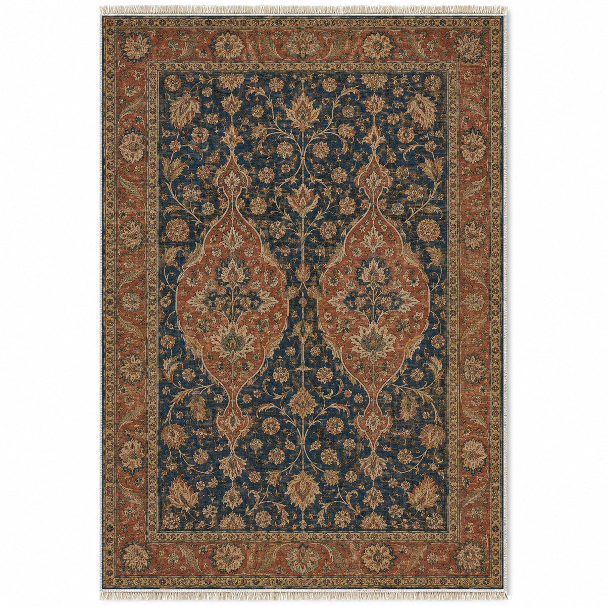 Twin Lanterns Indigo & Rust washable rug top view