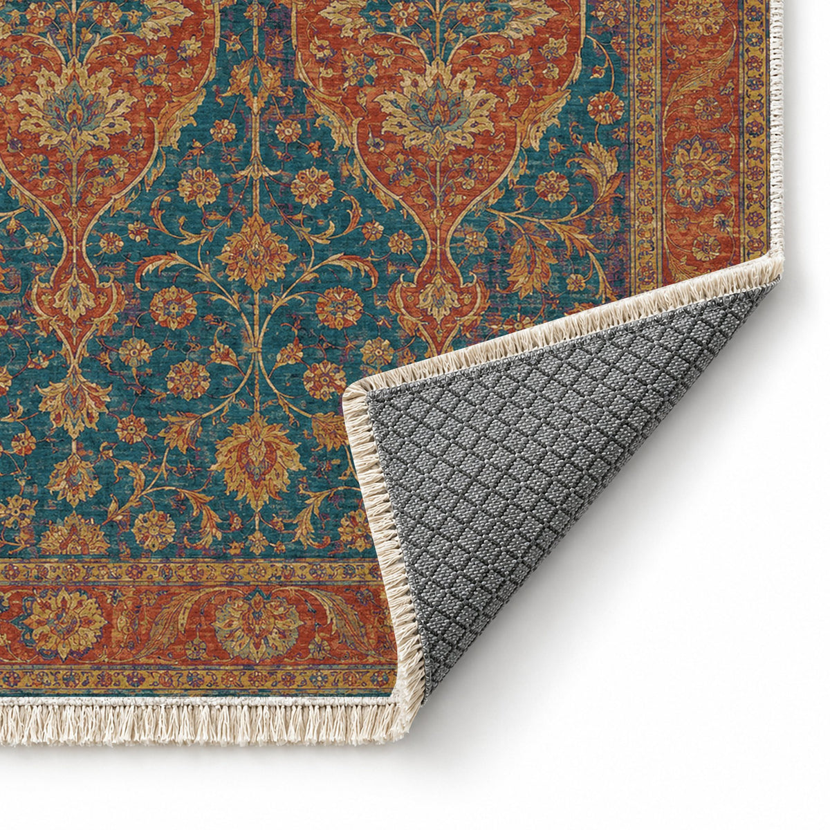 Twin Lanterns Peacock & Ochre washable rug folded corner showing the backing