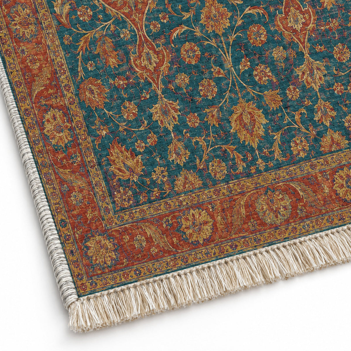 Twin Lanterns Peacock & Ochre washable rug close-up of the printed chenille