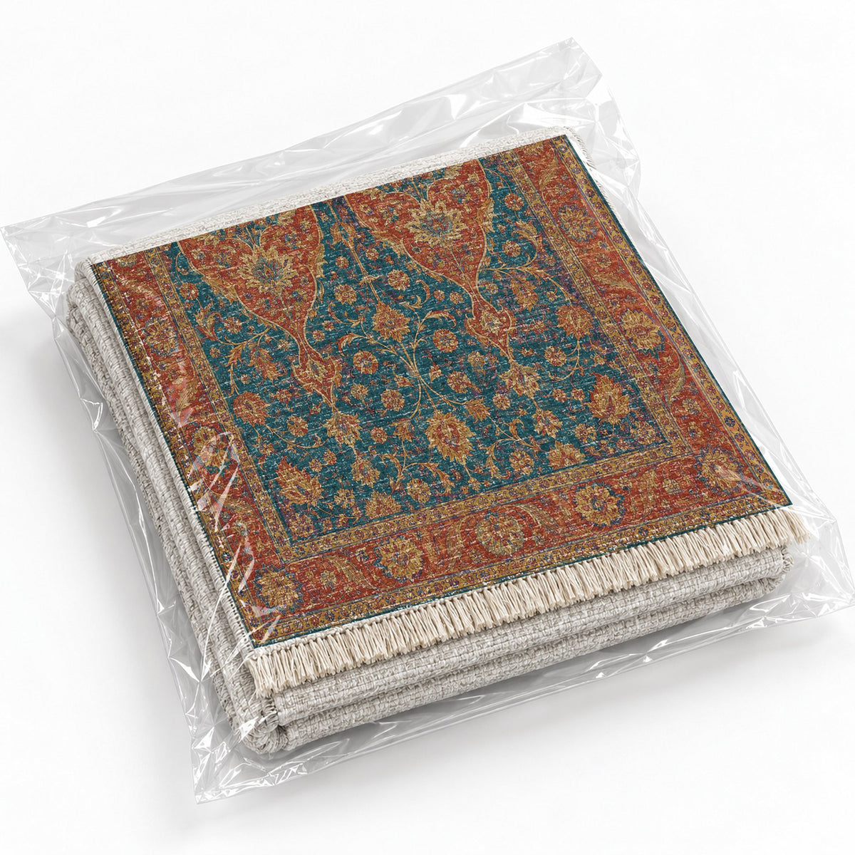 Twin Lanterns Peacock & Ochre washable rug rolled and packaged
